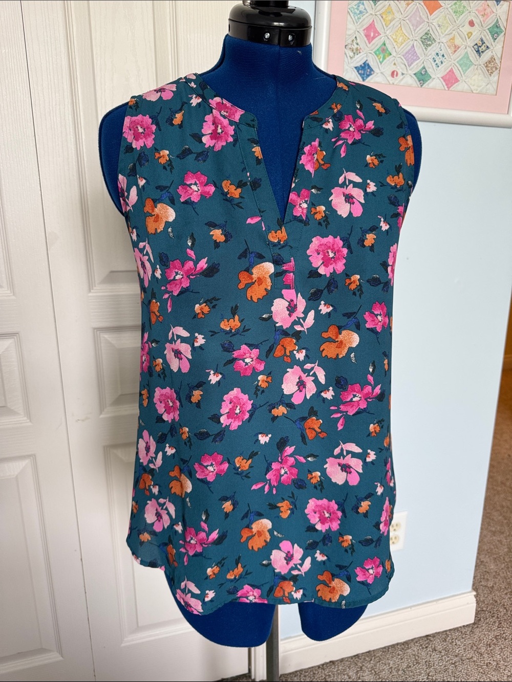 Papermoon Teal Floral Split-Neck Sleeveless Top - Pink & Orange Blooms